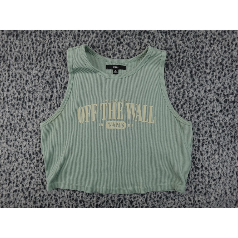 Vans Tank Top Womens Medium Green Off The Wall Ribbed Graphic Crop Top